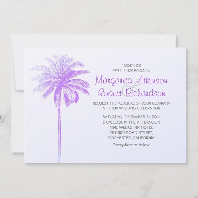 palmier violet blanc plage invitation mariage (Devant)