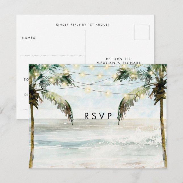 Palmiers boho plage mariage rsvp carte postale (Devant / Derrière)