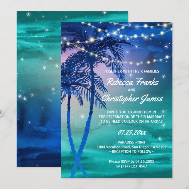 Palmiers Chaînes de lumières Mariage Invitations (Devant / Derrière)