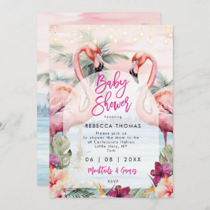 palmiers de plage flamingo baby shower invitation
