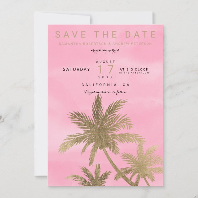 Palmiers dorés modernes rose chic save the date (Devant)