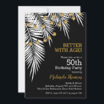 Palmiers et lumières Noir et Or 50e anniversaire<br><div class="desc">Des frondes de palmiers blancs avec des brins d'or clair sur un arrière - plan noir,  ce sont des invitations de fête d'anniversaire amusantes pour n'importe quel âge. Voir les articles CORRESPONDANTS dans notre magasin.</div>