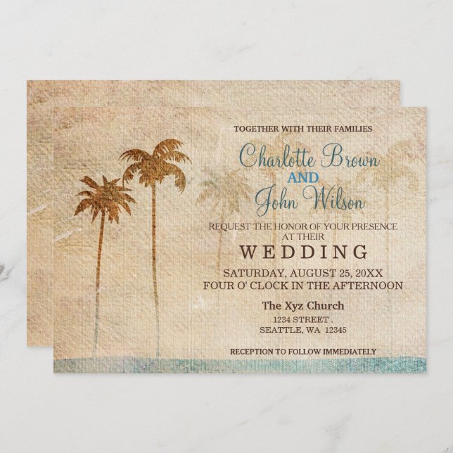 Palmiers Rustiques Plage Mariage Invitations (Devant / Derrière)