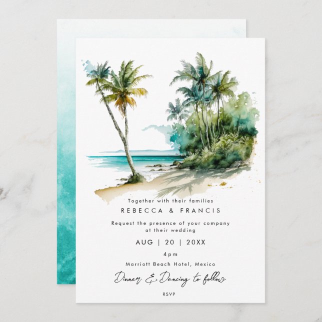palmiers tropicaux invitation de mariage sur la pl (Devant / Derrière)
