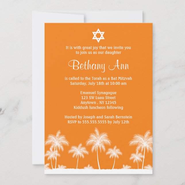 Palmiers tropicaux Invitations Bat mitzvah orange (Devant)