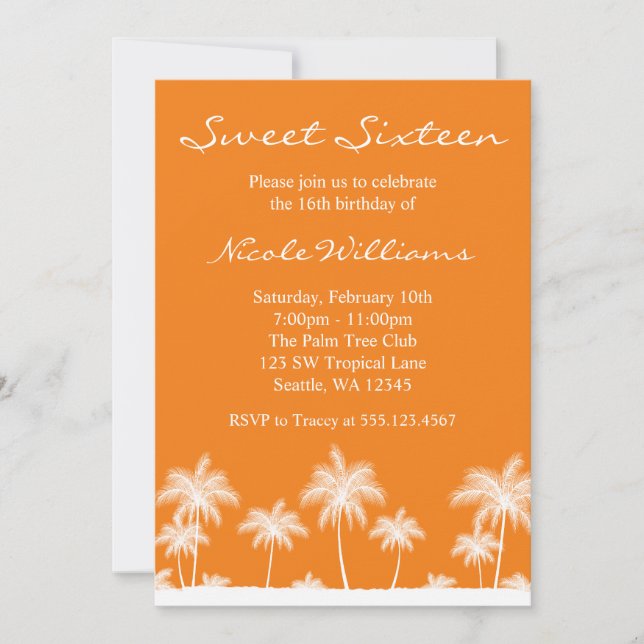 Palmiers tropicaux Orange Sweet 16 Invitation (Devant)