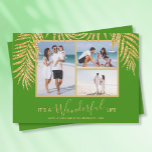 Palms Photo Collage Cartes de fin de année de Noël<br><div class="desc">Trois photos accentuées avec des frondes de palmier en faux or parties scintillant sur un arrière - plan vert de Noël (voir plus de couleurs dans notre magasin), ces cartes photos de Noël de vacances ont "It's A Wonderful Life", ou tout salut que vous choisissez, et vos noms sur le...</div>