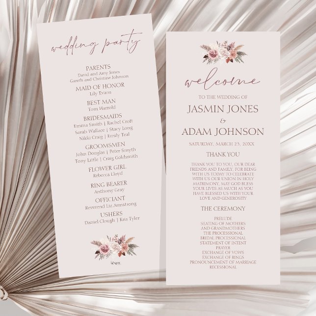 Pampas beige flou Pampas Floral Boho Programme de  (Boho Dusty Pink Dried Flowers Wedding Program)