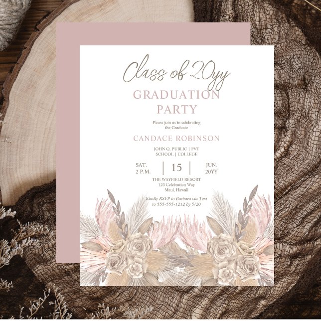 Pampas BUDGÉTAIRE | Invit de la Neutral Grad Party (BUDGET Pampas Grass and Roses Mocha and Neutral-Toned Graduation Party Invitation)