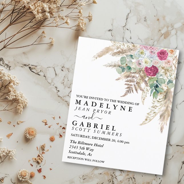 Pampas Fleur d'herbe rose Aquarelle Boho Budget (Créateur téléchargé)