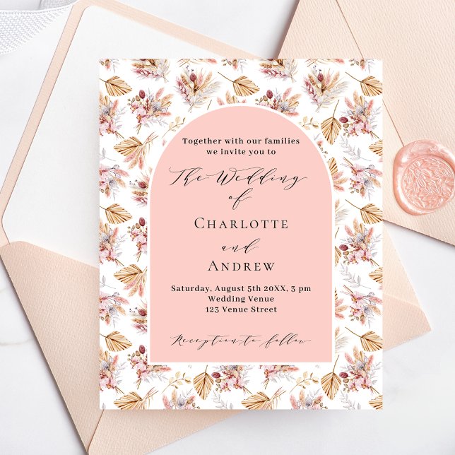 Pampas fleurs rose budget or faire-part de mariage (Créateur téléchargé)