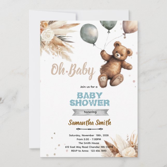 Pampas Grass bear baby shower invitation (Devant)