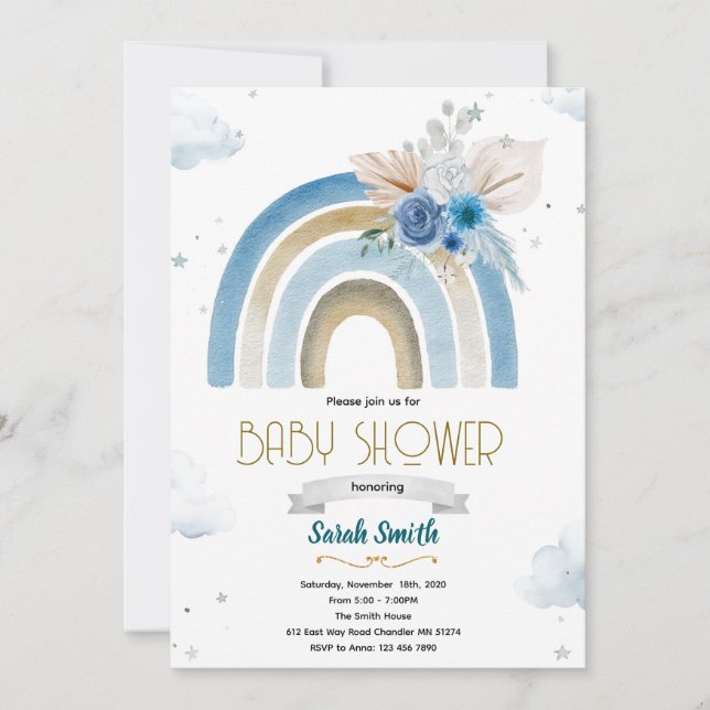 Pampas Grass blue boho rainbow invitation (Devant)