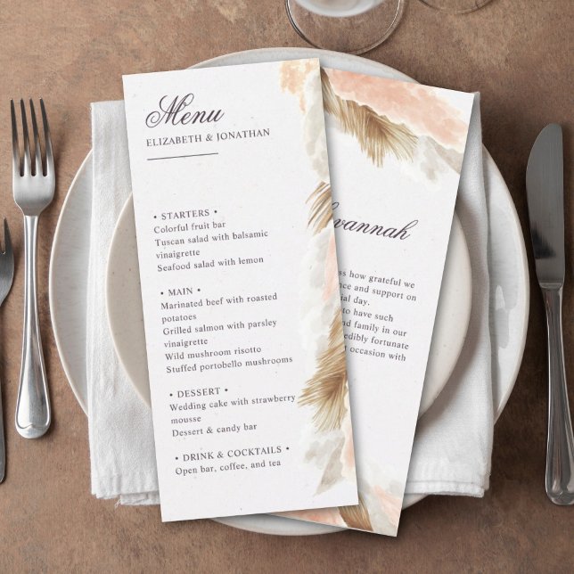 Pampas grass boho menu mariage & message de remerc (Créateur téléchargé)