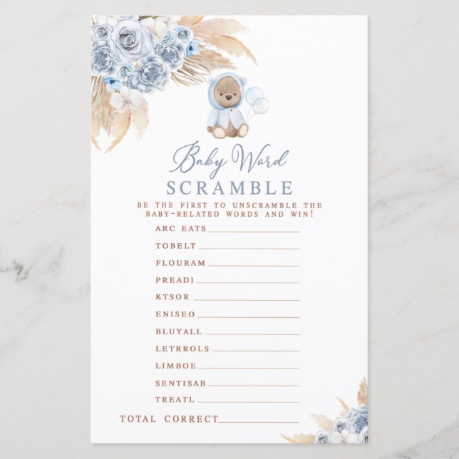 Pampas Grass Boho Ours Bébé Mot Scramble Jeu (Devant)