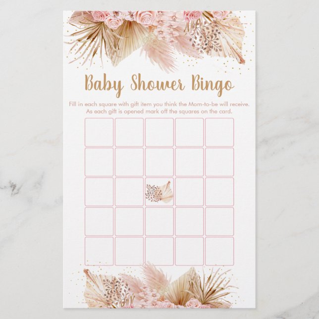 Pampas Grass Pink Gold Baby shower Bingo Jeu (Devant)