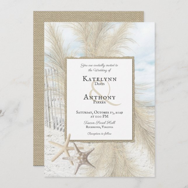 Pampas Grass Plage Vintage Invitation de mariage (Devant / Derrière)