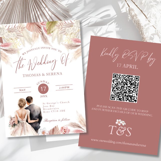 Pampas Grass QR Code RSVP Mariage Boho Invitation (Créateur téléchargé)