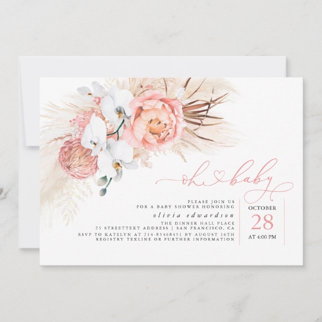 Pampas Grass Rose Oh Girl Baby shower Invitation (Devant)