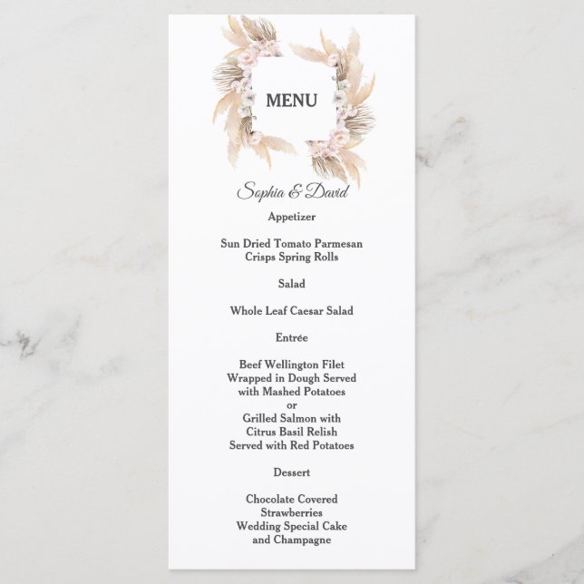 Pampas Grass White Orchid Rose Menu Mariage (Devant)