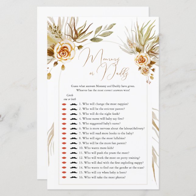 Pampas herbe Baby shower Devinez Qui maman ou papa (Devant / Derrière)