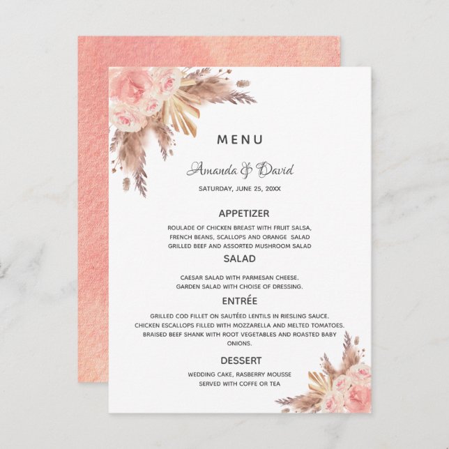 Pampas mariage herbe rose or fleuri menu carte (Devant / Derrière)