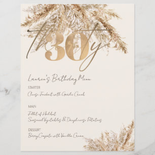 Pampas minimaliste Gold 30th Birthday Party Menu