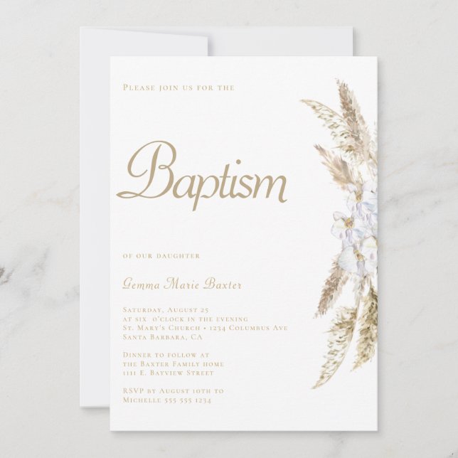 Pampas moderne Grass Blanc Or Baptême Invitation (Devant)