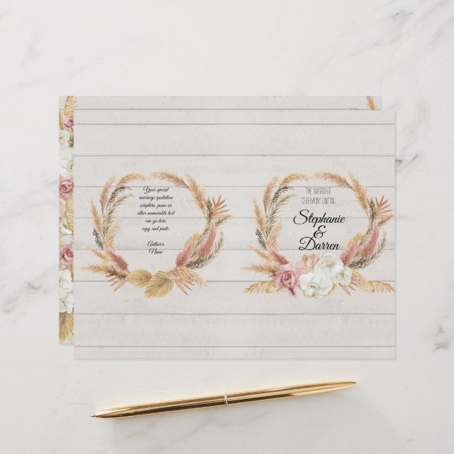 Pampas Palm Pink Floral White Wood Wedding Program (Devant/Arrière en situation)