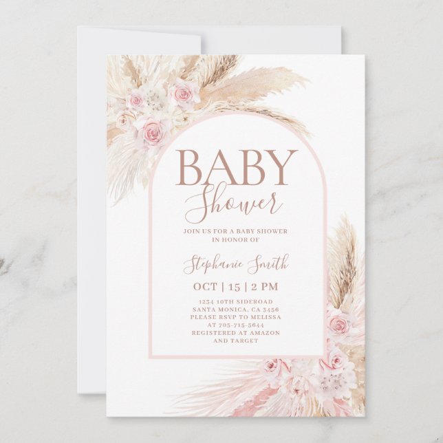 Pampas Rose Arch Baby shower Invitation fille (Devant)