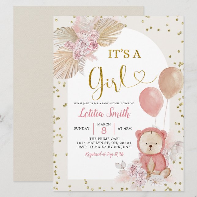 Pampas rose Boho Grass Girl Baby shower Invitation (Devant / Derrière)