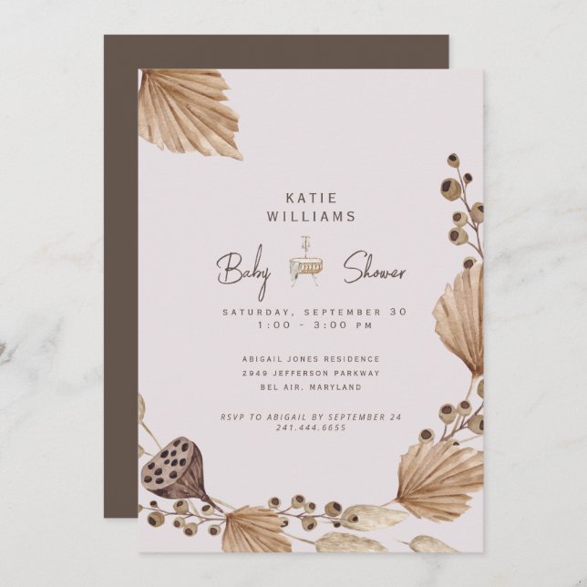 Pampas rose et Brown Baby shower Invitation (Devant / Derrière)