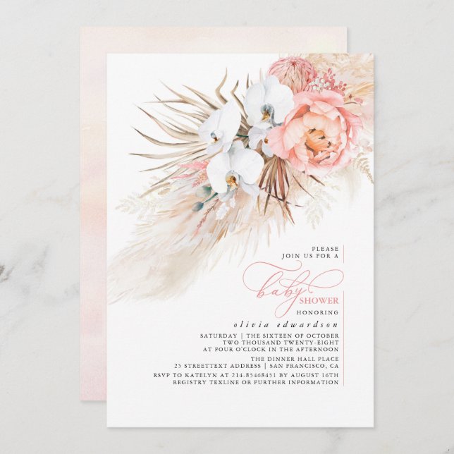 Pampas Rose Floral Baby shower Grass Invitation (Devant / Derrière)