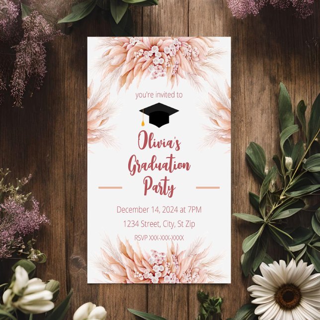 Pampas Rose Grass Boho Invitation de graduation (Créateur téléchargé)