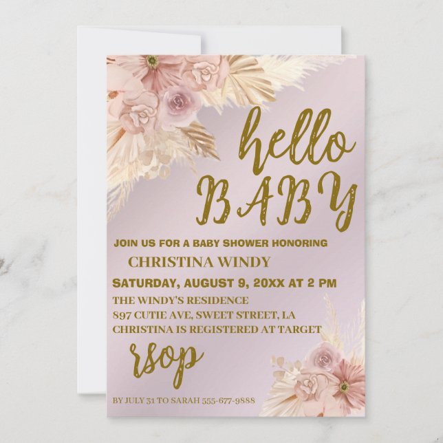 Pampas rose pâle Baby shower Invitations Invitatio (Devant)