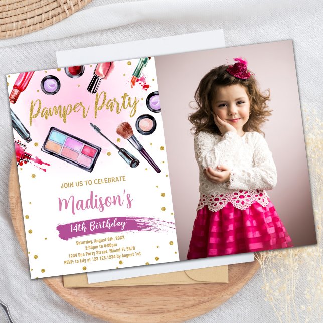 Pamper Pamper Pamper Party Anniversaire Invitation (Pink White Photo Pamper Party Birthday Invitations)