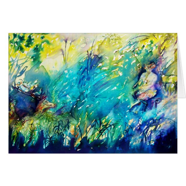 PAN JOUANT DE LA FLÛTE ET CERF DANS UN BOIS VERT (Devant horizontal)
