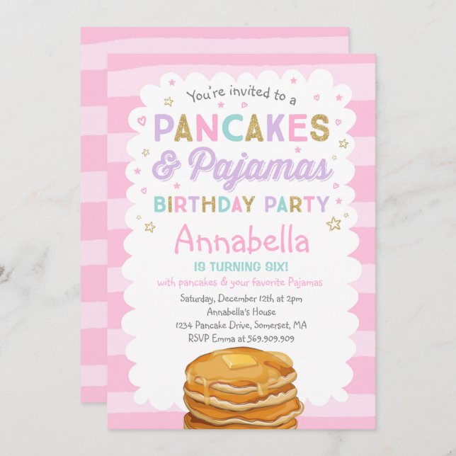 Pancake et pyjamas Anniversaire Invitation PJ's Pa (Devant / Derrière)
