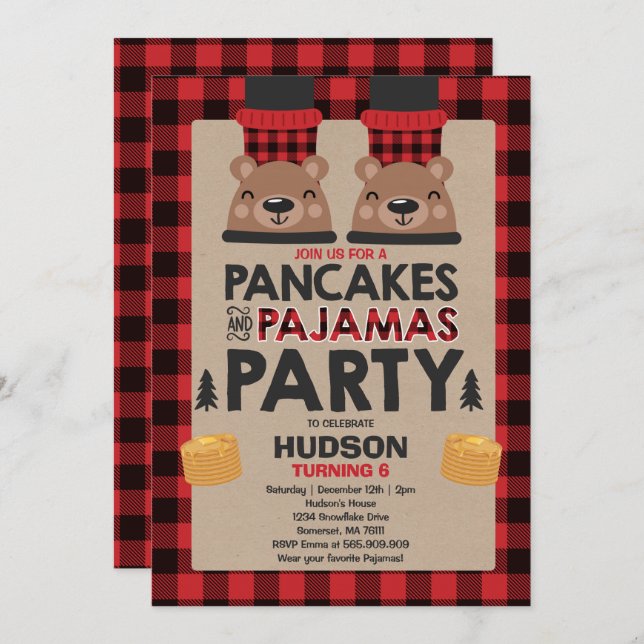 Pancakes De Noël Et Pyjamas Invitation Lumberjack (Devant / Derrière)