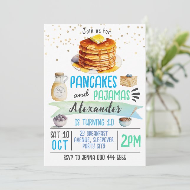 Pancakes et pyjamas couché Invitation Anniversaire (Debout devant)