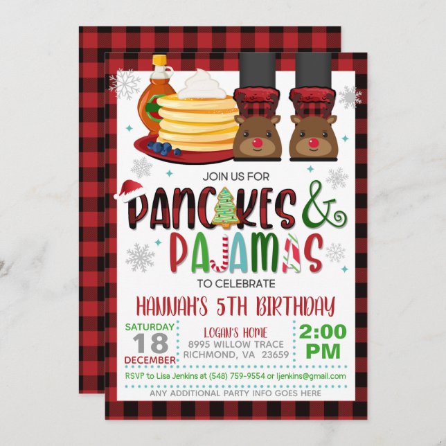 Pancakes & Pajamas Christmas Birthday Invitation W (Devant / Derrière)
