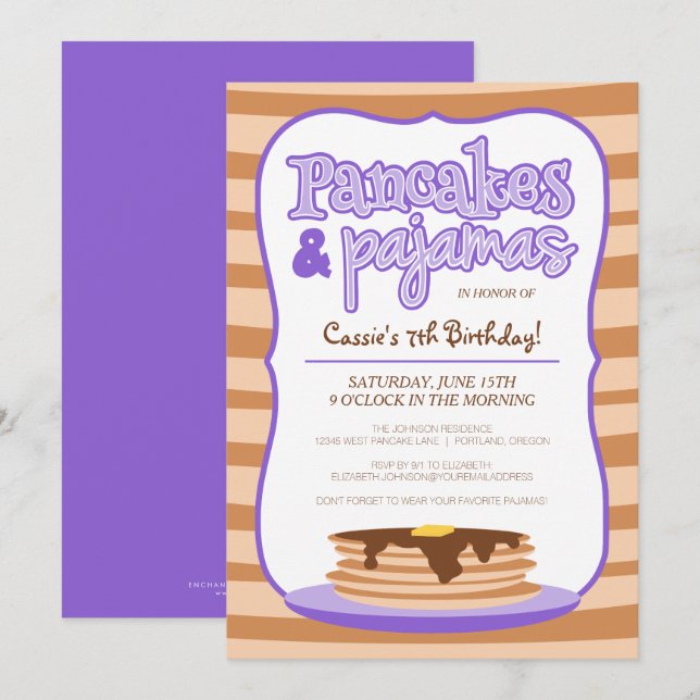 Pancakes pourpres et pyjamas Invitation d'annivers (Devant / Derrière)