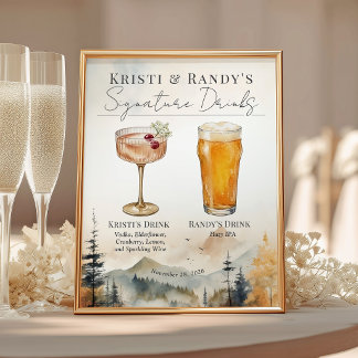 Pancarte de boissons de mariage à la montagne en a