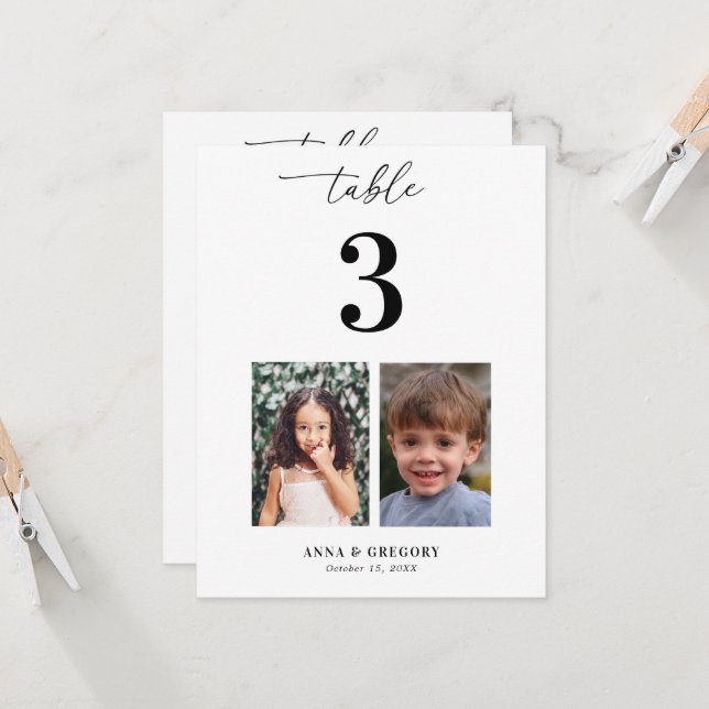 Pancarte de numéro de table avec photos d'enfance  (Devant/Arrière en situation)