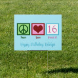 Pancarte Peace Love Sweet 16 Cute Custom 16th Birthday Yard<br><div class="desc">Ce panneau de cour de Sweet sixteen Peace Love est l'ajout parfait mignon fête d'anniversaire pour une adolescente qui aime assez rose 16 à côté d'un signe de paix et coeur. Commandez ce cadeau d'anniversaire pour le 16ème anniversaire de votre fille pour faire de sa journée spéciale une réussite.</div>