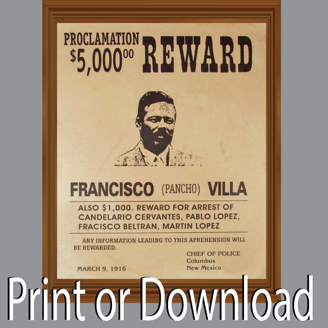 Pancho Villa Vintage Poster Recherché Récompense (Créateur téléchargé)