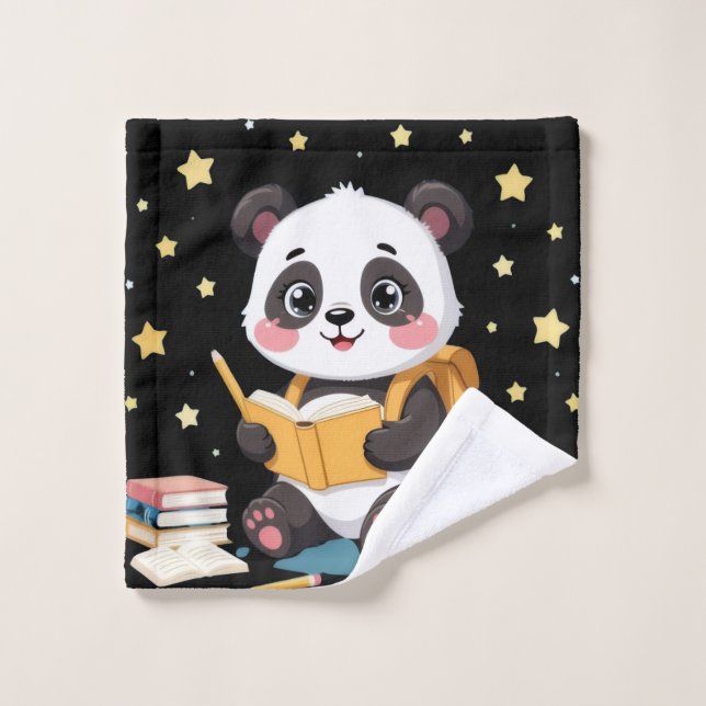 Panda adorable lisant, étoiles, motif  (Gant de toilette)