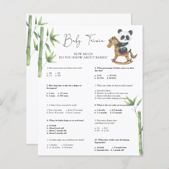 Panda Bear Baby Trivia | Jeu baby shower (Devant / Derrière)