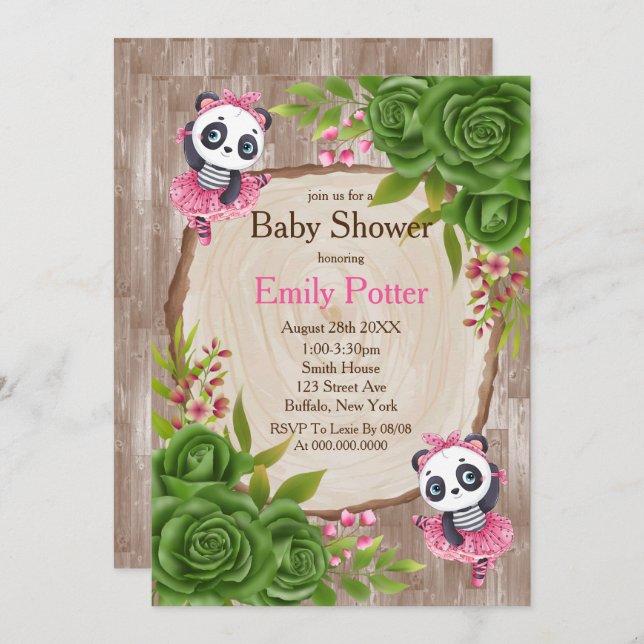 Panda Bear Pink Tutu Wood Bébé Douche Invitations (Devant / Derrière)