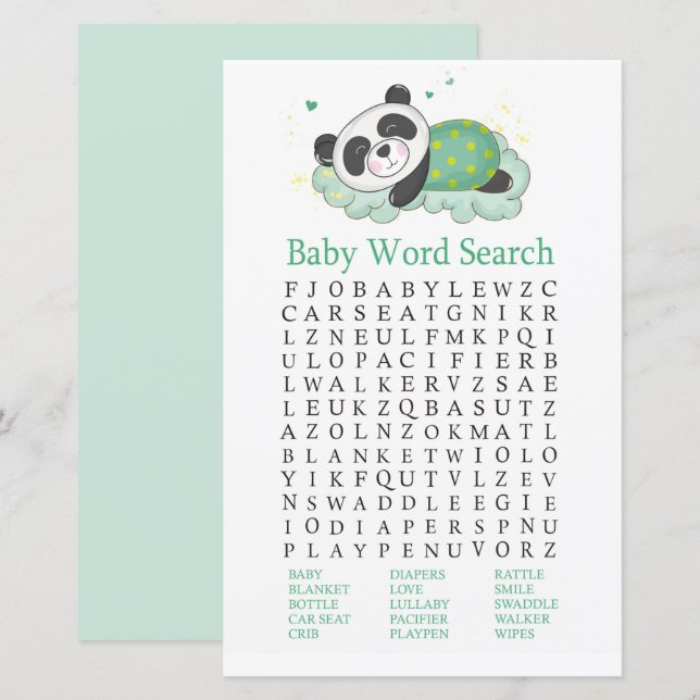 Panda couché Baby shower Word Search Jeu (Devant / Derrière)